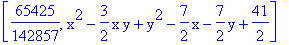 [65425/142857, x^2-3/2*x*y+y^2-7/2*x-7/2*y+41/2]